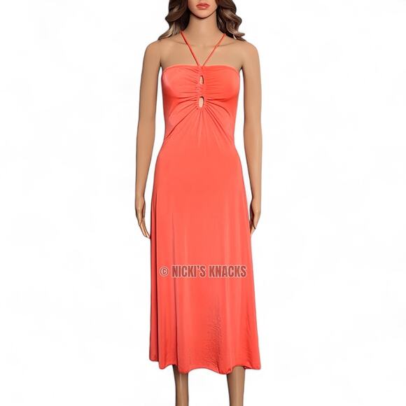 Sincerely Jules Neon Orange Cutout Jersey Knit Midi Dress Halter Size XL - Picture 2 of 10
